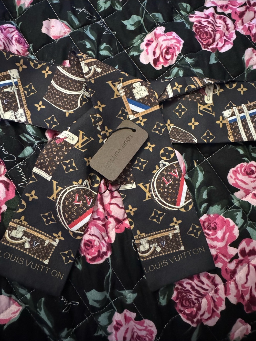 Louis Vuitton Black, Brown & Gold Monogram Silk Twilly with Travel Motif